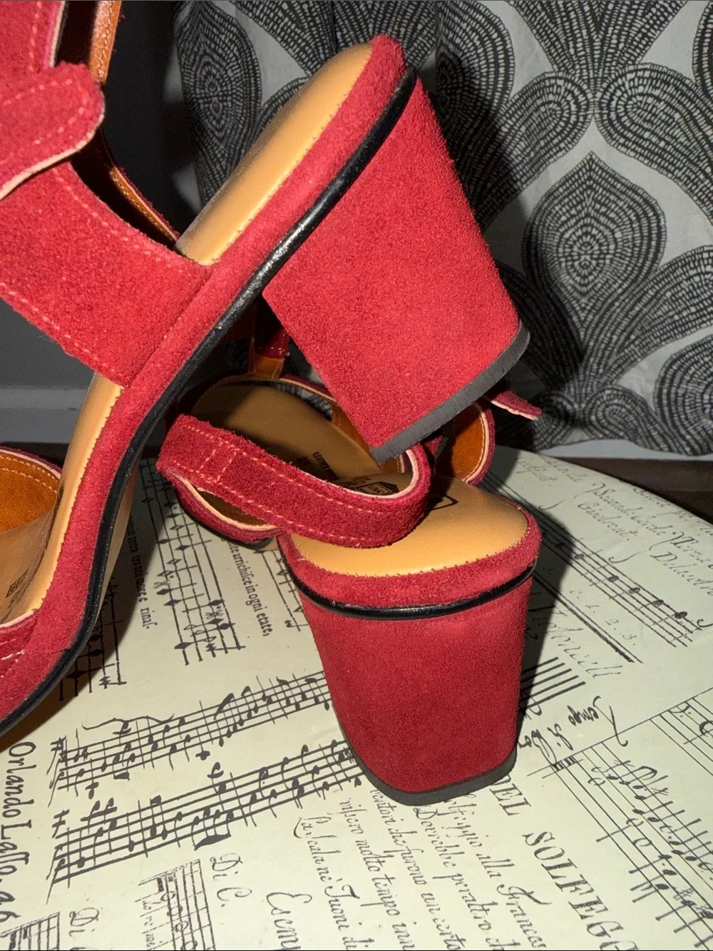 Vintage Burgundy T-Strap Suede Block Heel Sandals